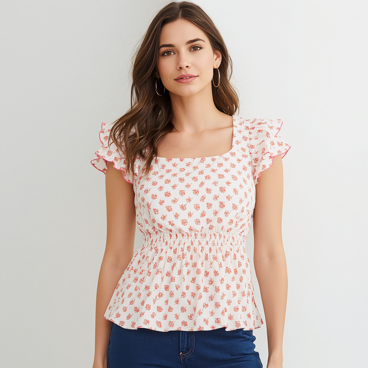 Blusa de mujer en color blanco con estampado floral multicolor y mangas cortas terminadas en volantes.
