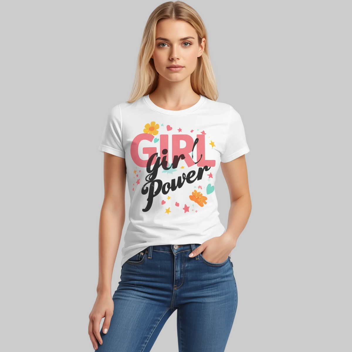 Camiseta de mujer en color blanco con cuello redondo, manga corta y gráfico frontal multicolor con la inscripción "Girl Power".