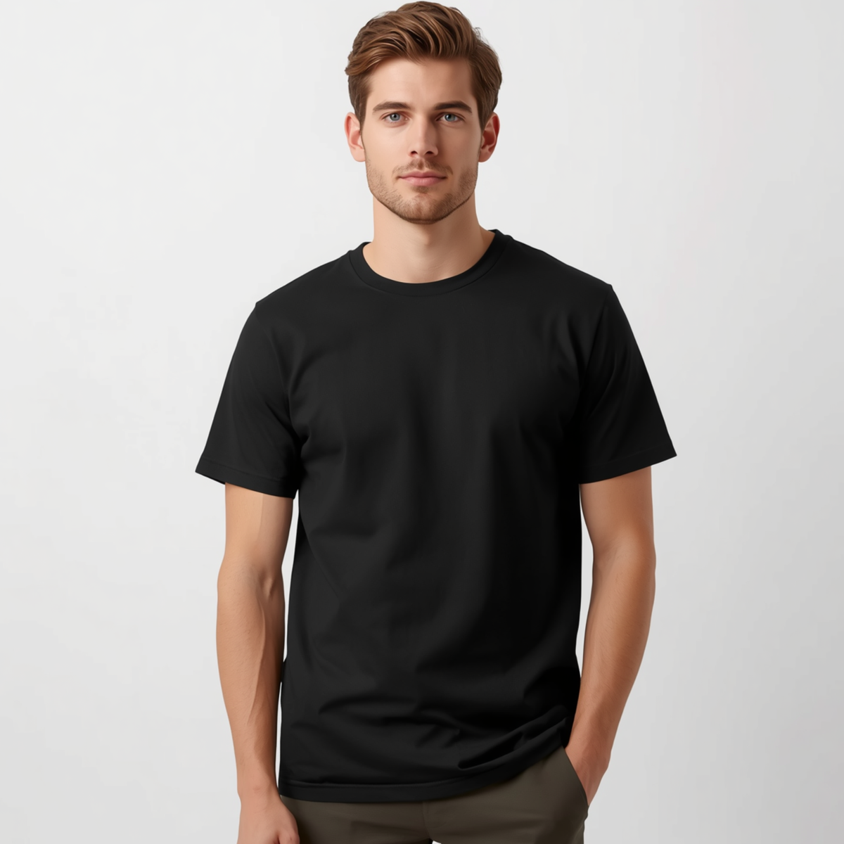 Camiseta clásica de hombre en color negro con cuello redondo y manga corta de diseño liso.