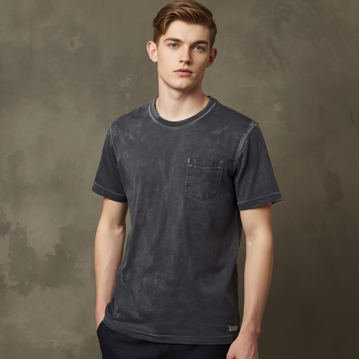 Camiseta de hombre en tono oscuro con efecto lavado, cuello redondo, manga corta y un bolsillo aplicado en el pecho.