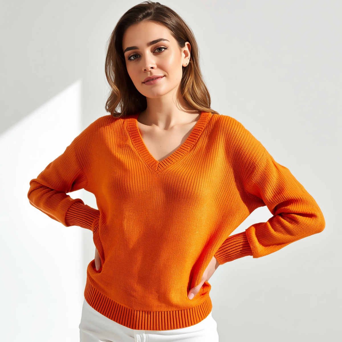 Jersey de mujer en color naranja con escote en V, mangas largas y detalles de canalé en los puños y el dobladillo inferior.