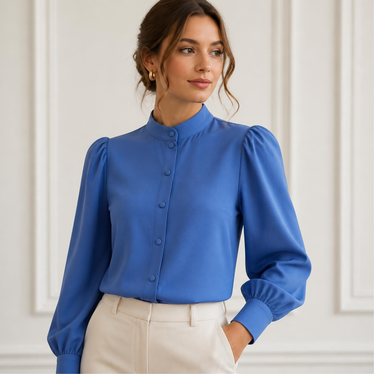 Blusa de mujer en color azul con cuello alto, tira de botones en la parte delantera y mangas largas abullonadas.
