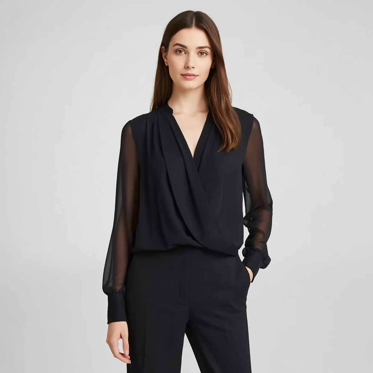 Blusa de mujer en color negro con escote en V, diseño cruzado en el pecho y mangas largas de tejido transparente.