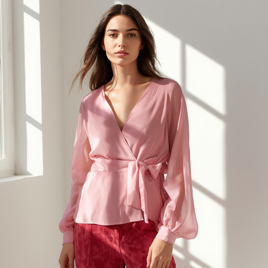 Blusa de mujer en color rosa con escote en V, mangas largas y un cinturón de lazada integrado en la cintura.