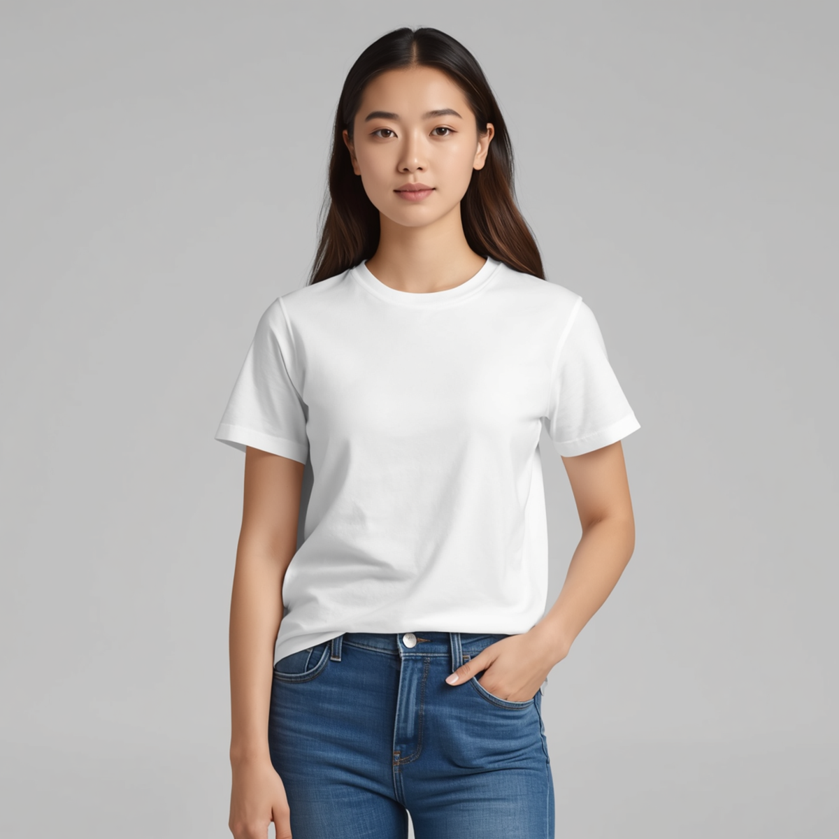 Camiseta clásica de mujer en color blanco con cuello redondo y manga corta de diseño liso.