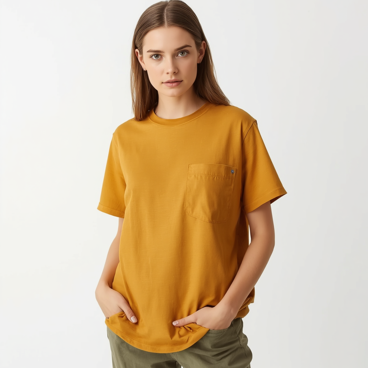 Camiseta de mujer en color mostaza con cuello redondo, manga corta y un bolsillo aplicado en el pecho.