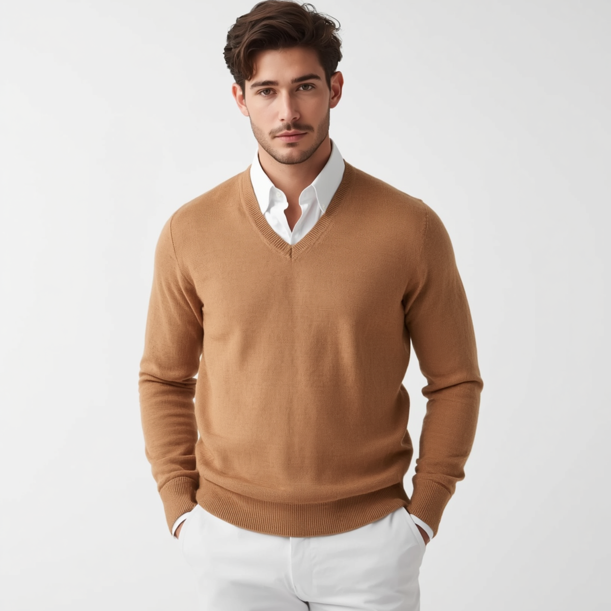 Jersey de hombre en color marrón con escote en V, mangas largas y remates elásticos en los puños y el dobladillo.
