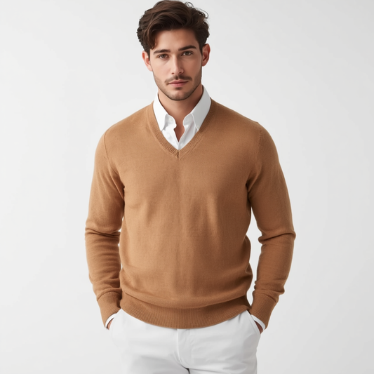 Jersey de hombre en color marrón con escote en V, mangas largas y remates elásticos en los puños y el dobladillo.