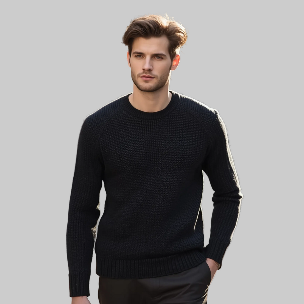 Jersey de hombre en color negro con diseño de punto de textura fina, cuello redondo y mangas largas.