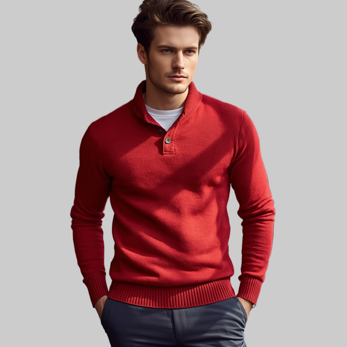 Jersey de hombre en color rojo con cuello alto, tira de botones en la parte delantera y mangas largas.