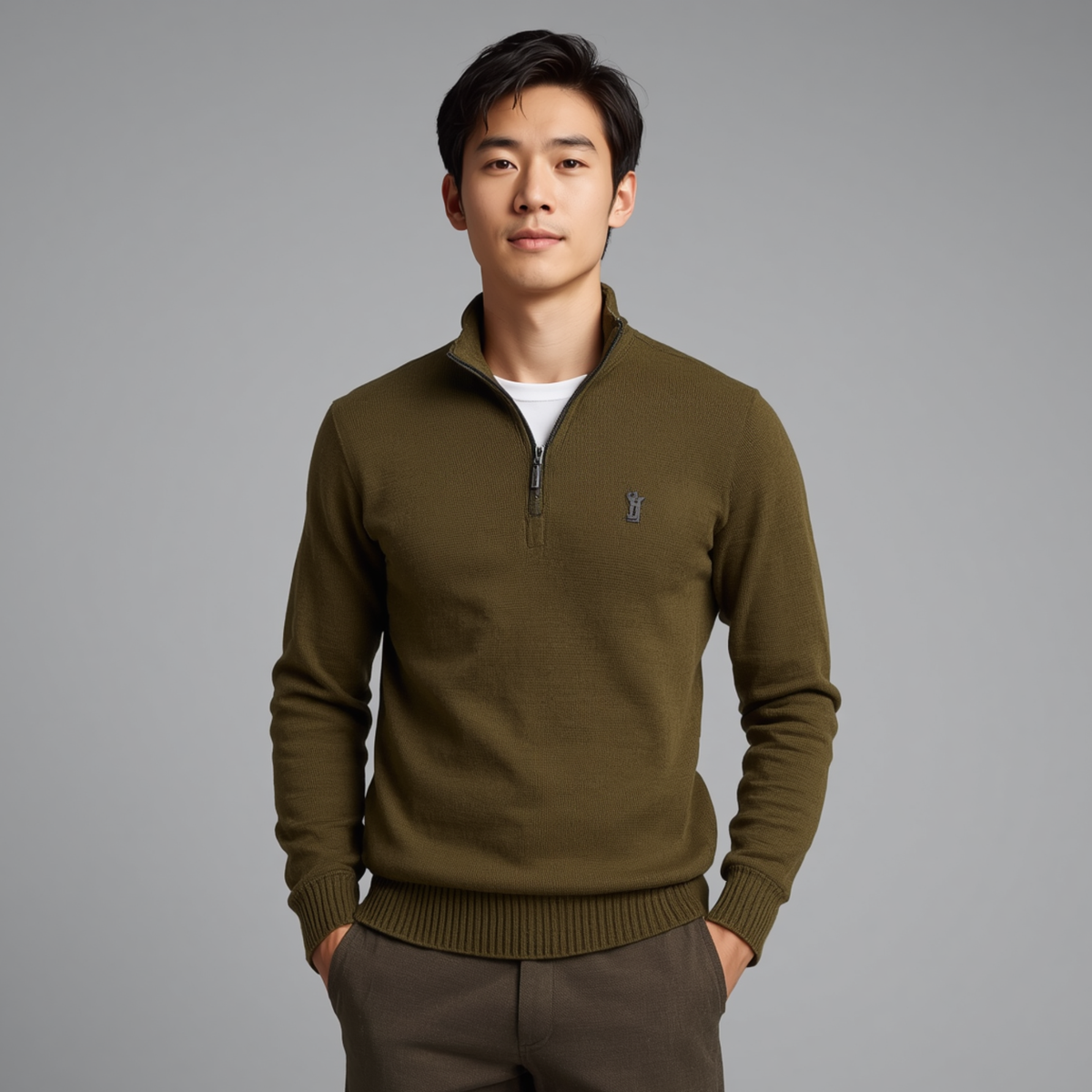Jersey de hombre en color verde con cuello alto, cremallera corta en la parte delantera y mangas largas.