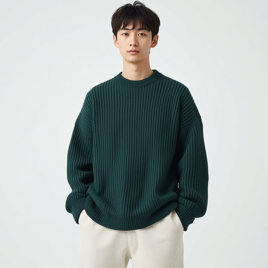 Jersey de hombre en tono verde oscuro con diseño de punto de canalé, cuello redondo y mangas largas.